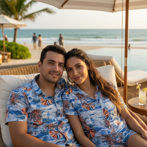 BLUE & ORANGE PALM TREE PRINTED SHIRT