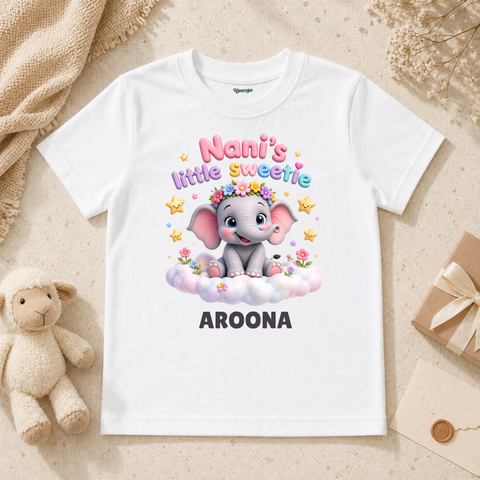 Nani’s Little Sweetie Cute Baby Elephant Sitting On Cloud With Flowers