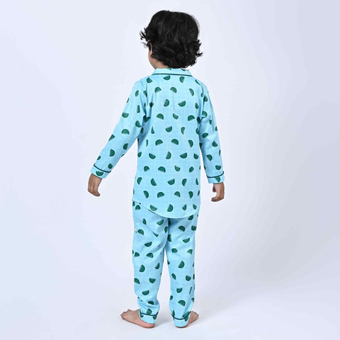 Blue Checks Watermelon Printed Kids Night Suit