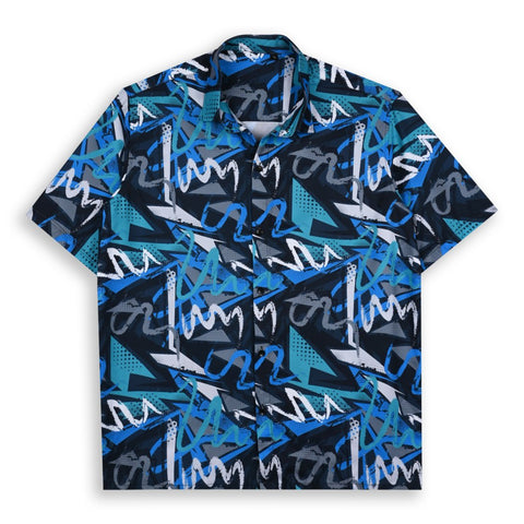 STRIKING BLUE AND BLACK GRAFFITI PRINTED SHIRT