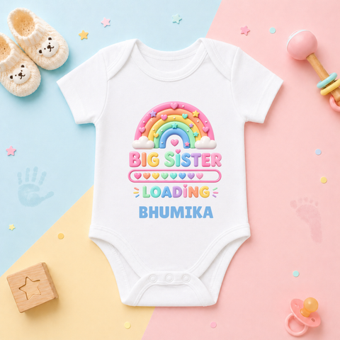Big Sister Loading Rainbow Custom Name Kids T Shirt