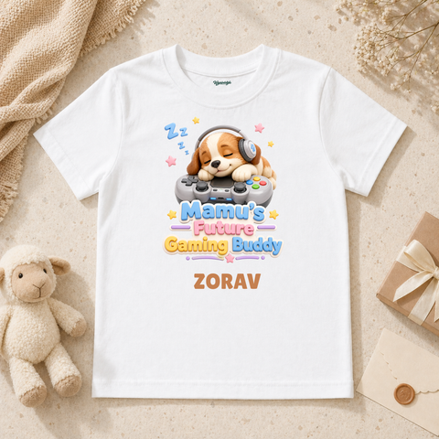 Mamu’s Future Gaming Buddy Baby With Sleeping Dog And Game Controller