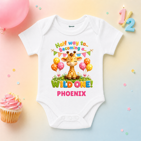 Kids Half Birthday “Halfway to Becoming a Wild One” Giraffe Personalized Name T-Shirt (Copy)