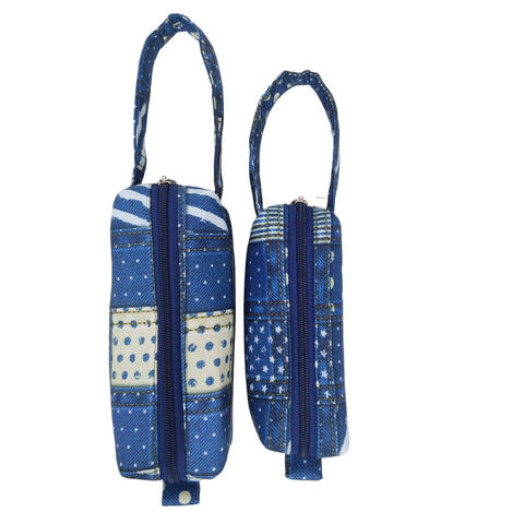 BLUE PATCHWORK STYLE PRINT SMALL DUO POUCH SET