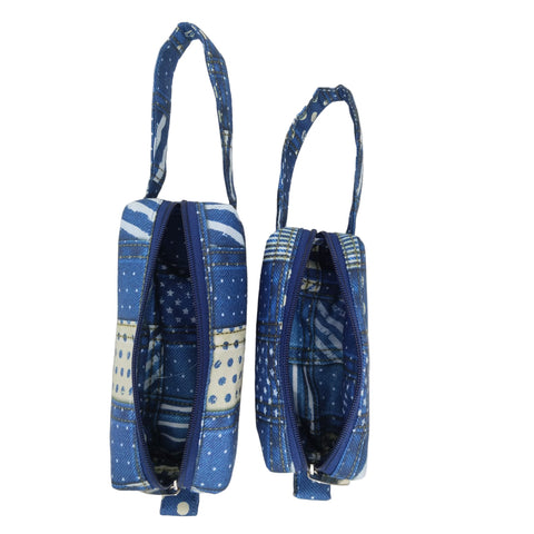 BLUE PATCHWORK STYLE PRINT SMALL DUO POUCH SET