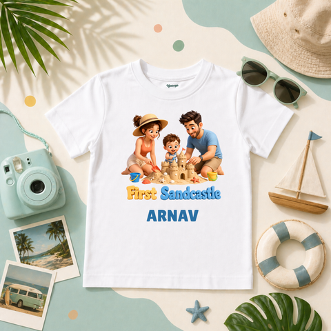 First Sandcastle Beach Day Kids T-Shirt Personalized Vacation Theme