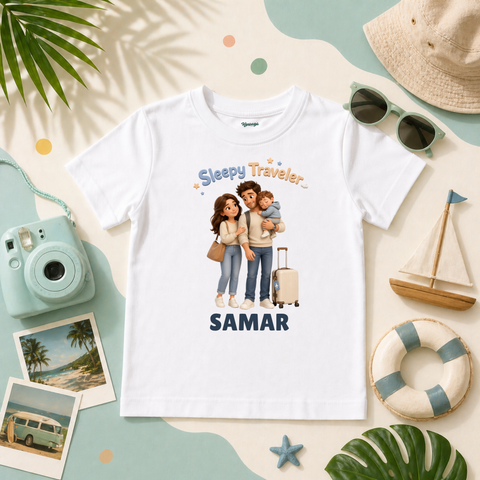 Sleepy Traveler Personalized Kids T-Shirt Cute Family Vacation Travel Design