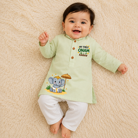 Personalized My First Onam Baby Kurta Pajama Set with Cute Elephant Print