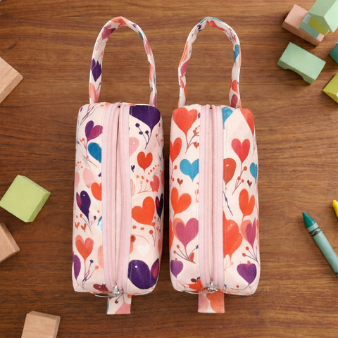 PEACH MULTICOLOR HEARTS PRINT SMALL DUO POUCH SET