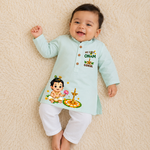 Personalized My First Onam Baby Kurta Pajama Set with Baby Krishna Print