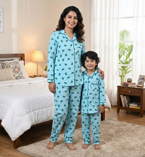 Blue Checks Watermelon Printed Kids Night Suit