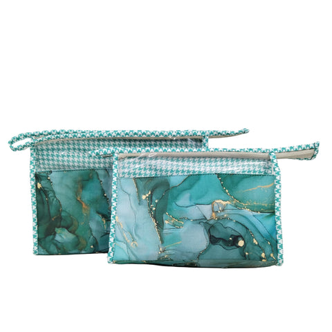 EMERALD GOLD MARBLE PRINT TRAVEL MAKEUP POUCH SET