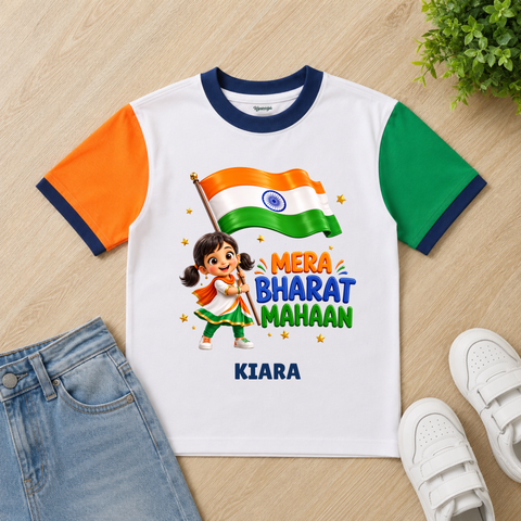 Mera Bharat Mahaan Patriotic Girl Flag Kids T-shirt