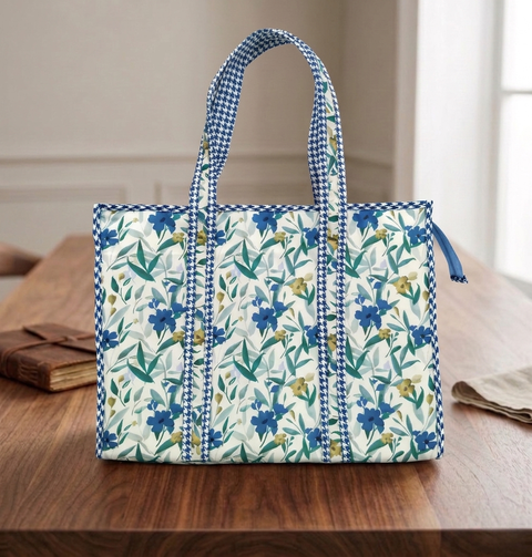 NAVY LEAF DRIFT PRINT SMALL TOTE BAG