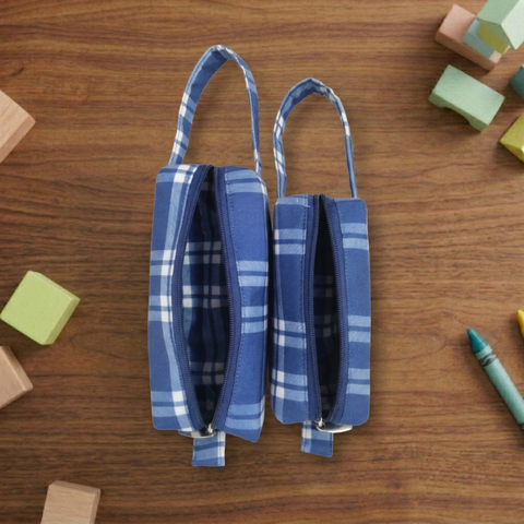 BLUE PLAID PRINT SMALL DUO POUCH SET