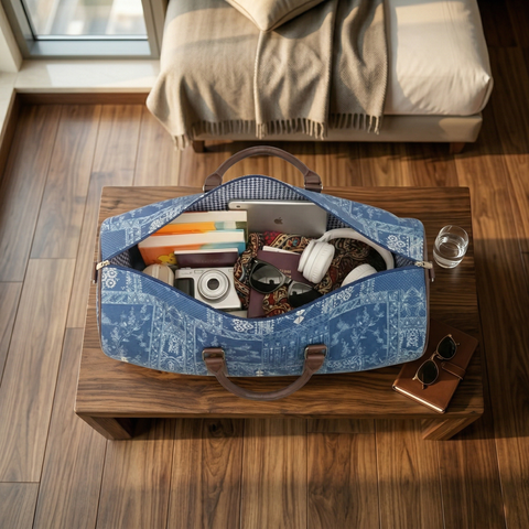 INDIGO STORY PATCHWORK PRINT DUFFLE BAG
