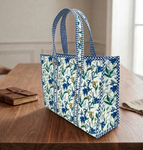 NAVY LEAF DRIFT PRINT SMALL TOTE BAG
