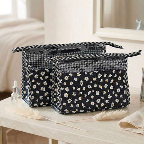 MIDNIGHT DAISY PRINT TRAVEL MAKEUP POUCH SET