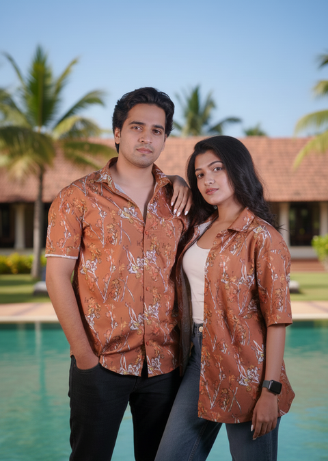 Tan brown leaf Couple shirt
