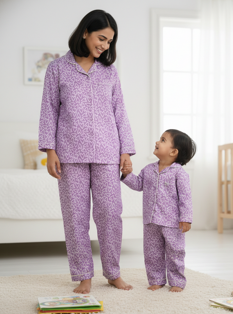Purple Hearts Printed Night Suit