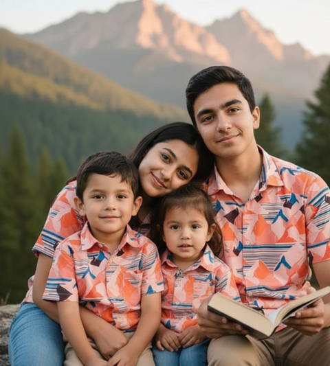 VIBRANT ORANGE & BLUE MOUNTAIN PRINTED SHIRT
