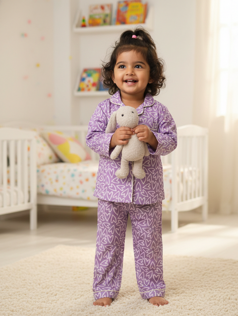 Purple Hearts Printed Night Suit