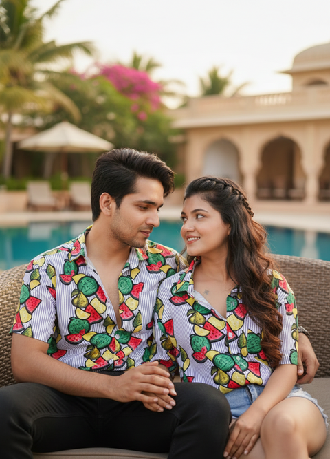 Fruits Stripes Printed Unisex Couple Shirt