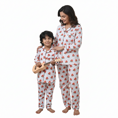 White Base Watermelon Printed Kids Night Suit