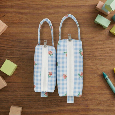LIGHT BLUE GINGHAM PRINT SMALL DUO POUCH SET