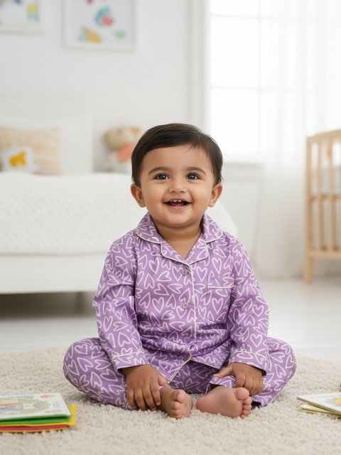 Purple Hearts Printed Night Suit