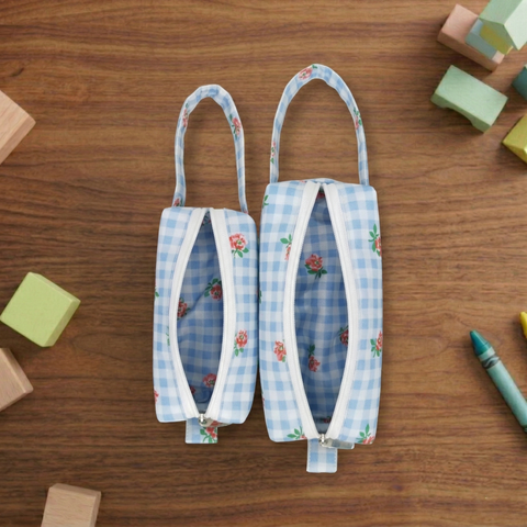 LIGHT BLUE GINGHAM PRINT SMALL DUO POUCH SET