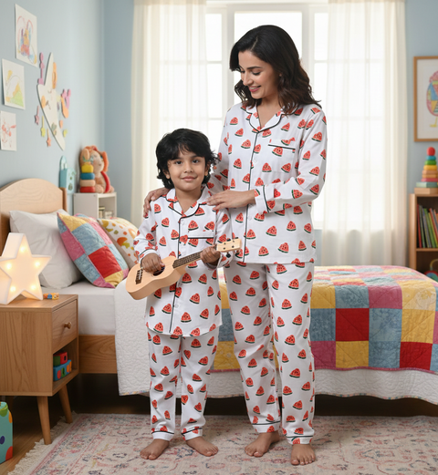 White Base Watermelon Printed Kids Night Suit