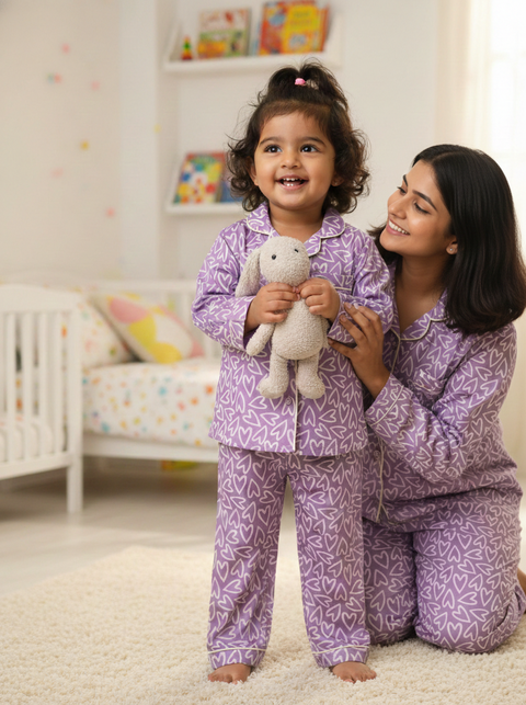 Purple Hearts Printed Night Suit