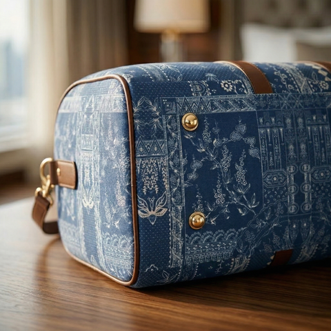 INDIGO STORY PATCHWORK PRINT DUFFLE BAG