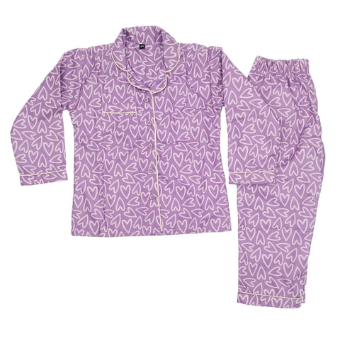 Purple Hearts Printed Night Suit