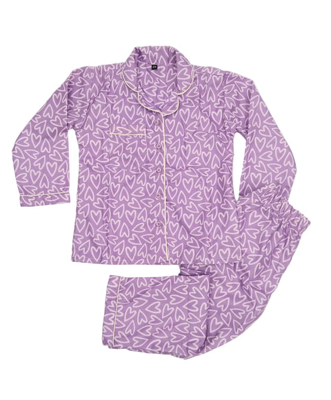 Purple Hearts Printed Night Suit
