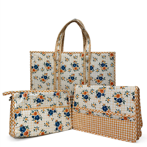 CHECKERED BLOSSOM TOTE BAG SET