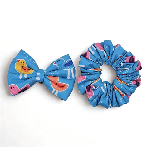 PLAYFUL BIRDS PRINT Scrunchie & Bow Combo